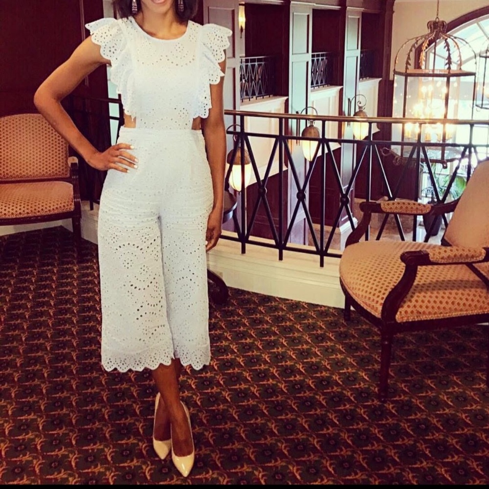 Blue Blush White Cropped Jumpsuit with Textured Fabric